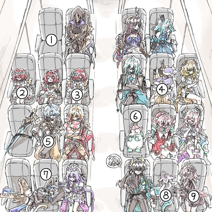 3chyun, 6+boys, 6+girls, aglaea_(honkai:_star_rail), airplane_interior, anaxa_(honkai:_star_rail), animal_hood, antenna_hair
