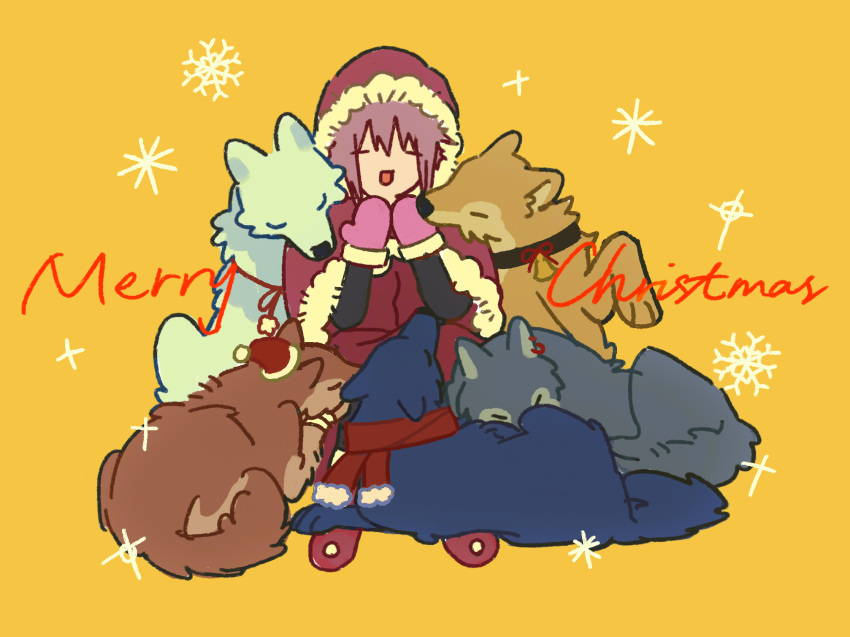 1girl, animal, blue_(wolf's_rain), capelet, cheza_(wolf's_rain), fur-trimmed_capelet, fur_trim, grey_wolf