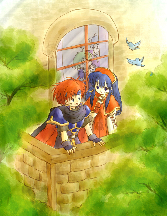 armor, balcony, belt, birds, blue_eyes, blue_hair, book, cape