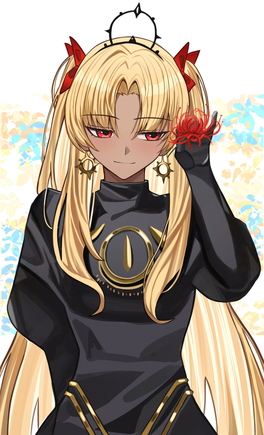 1girl, absurdres, black_dress, blonde_hair, commentary, dark_skin, dress, ereshkigal_(fate)