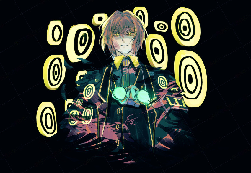 1boy, armband, bags_under_eyes, black_background, black_coat, black_vest, closed_mouth, coat