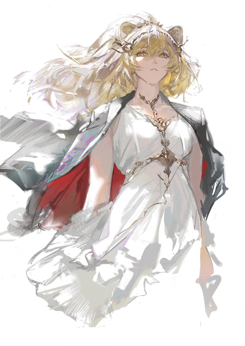 1girl, absurdres, animal_ears, arknights, black_jacket, blonde_hair, breasts, chinese_commentary, commentary, dress, hair_between_eyes, highres, jacket, jacket_on_shoulders, large_breasts, lion_ears, lion_girl, long_hair, nbrush19, parted_lips, ponytail, siege_(arknights), sleeveless, sleeveless_dress, solo, white_dress, yellow_eyes