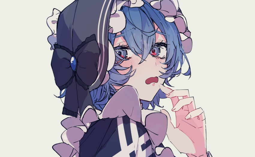 1girl, aoi_(shibou_yuugi), blue_eyes, blue_hair, blush, finger_to_mouth, highres, looking_to_the_side