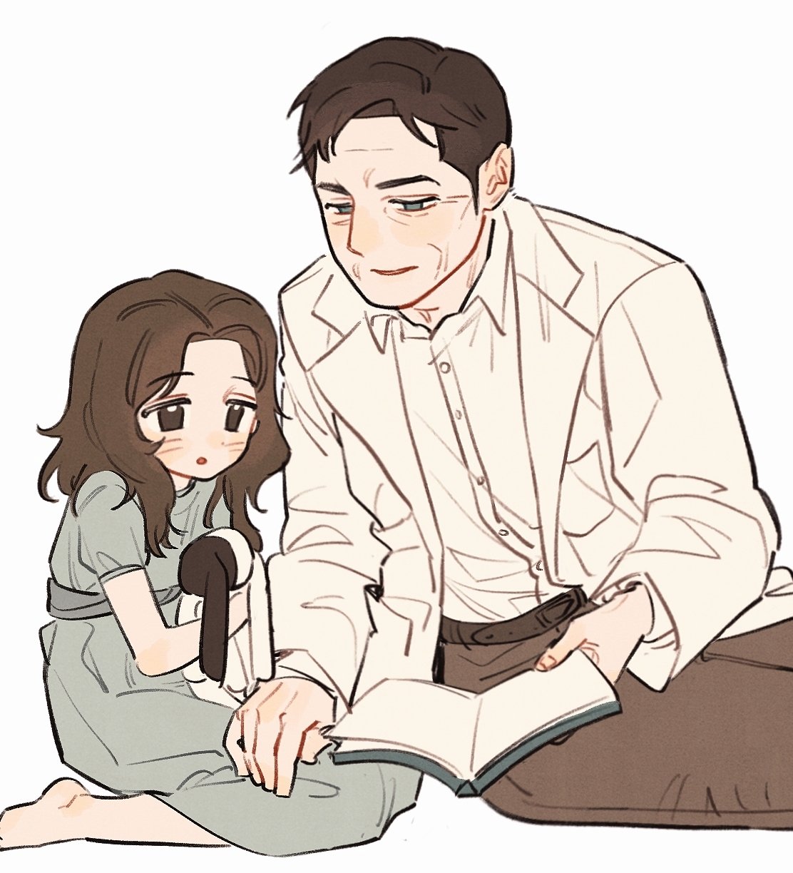 1boy, 1girl, age_difference, aged_down, barefoot, black_hair, blush, book, brown_hair, collared_shirt, commentary_request, highres, korean_commentary, long_hair, long_sleeves, open_book, original, pants, s22uic, shirt, sitting