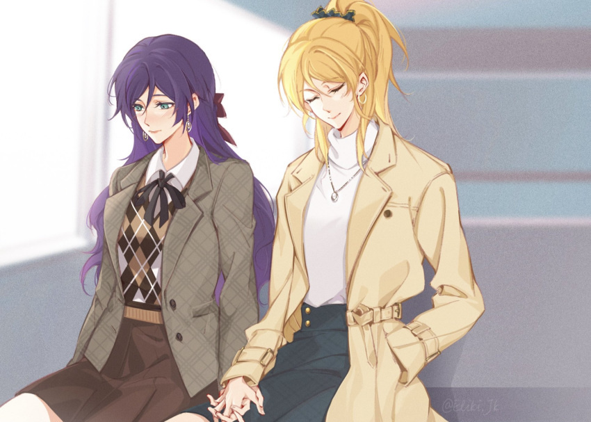2girls, ayase_eli, blonde_hair, blue_eyes, blush, bow, coat, earrings