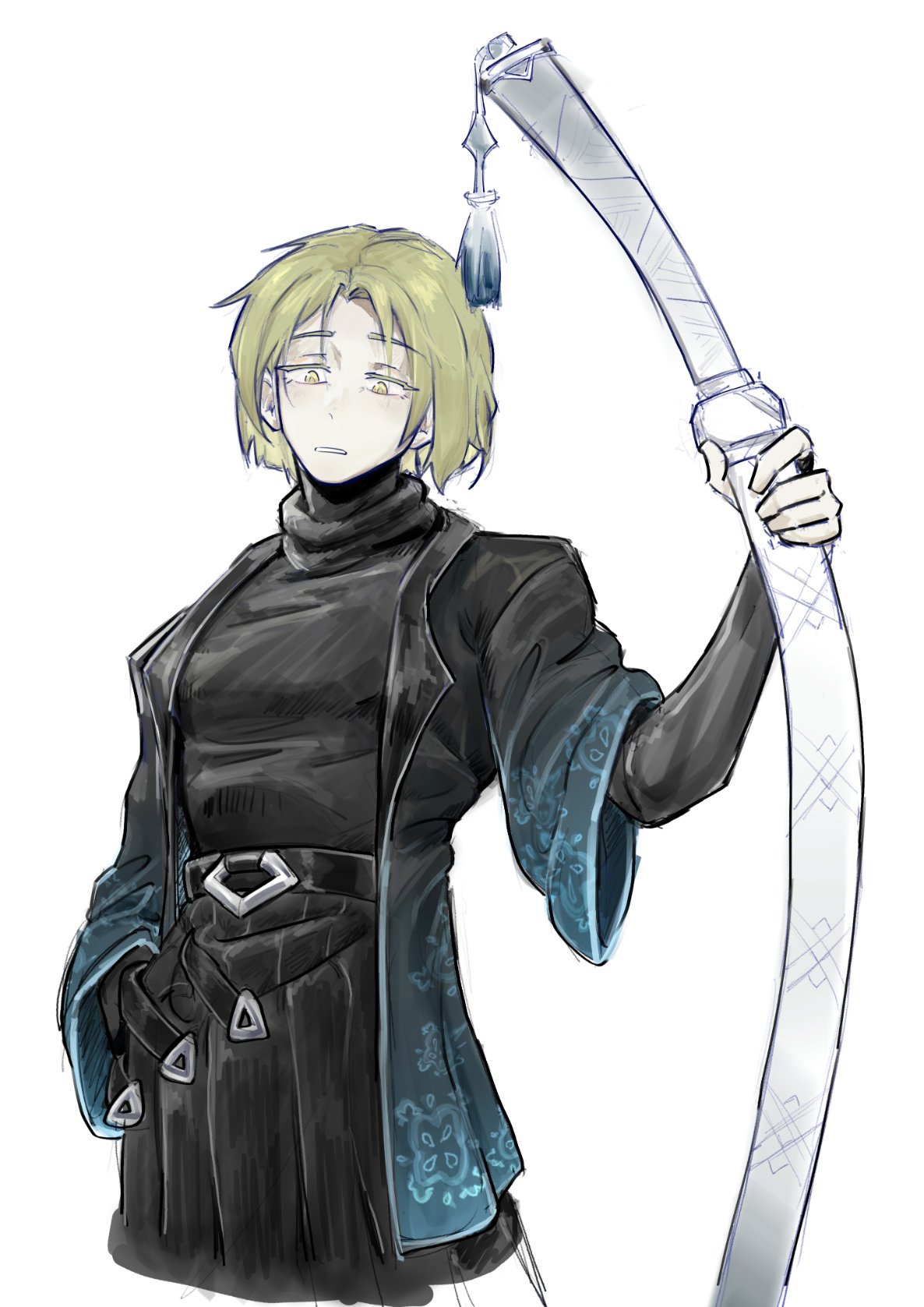 1boy, arm_at_side, badatthings, belt, black_belt, black_shirt, black_shorts, black_sleeves