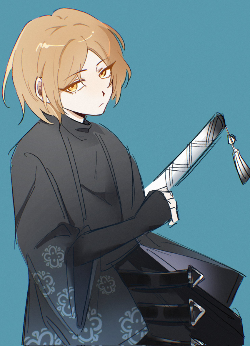 1boy, belt, black_belt, black_gloves, black_hakama, black_haori, black_pants, black_shirt