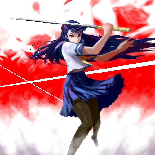 blue_hair, futaba_channel, katana, koronu, kyata, lowres, oekaki, pantyhose