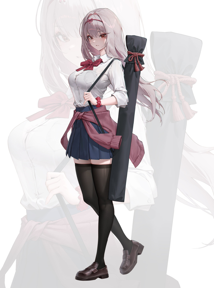 1girl, absurdres, alternate_costume, black_tank_top, blue_skirt, bow, bowtie, breasts, brown_shoes, clothes_around_waist, goddess_of_victory:_nikke, greenpie, grey_hair, hairband, hashtag-only_commentary, highres, large_breasts, long_hair, looking_at_viewer, purple_sweater, red_bow, red_bowtie, red_eyes, red_hairband, scarlet_(nikke), scrunchie, shirt, shoes, skirt, solo, sweater, sweater_around_waist, tank_top, thighs, white_background, white_shirt, wrist_scrunchie, zoom_layer