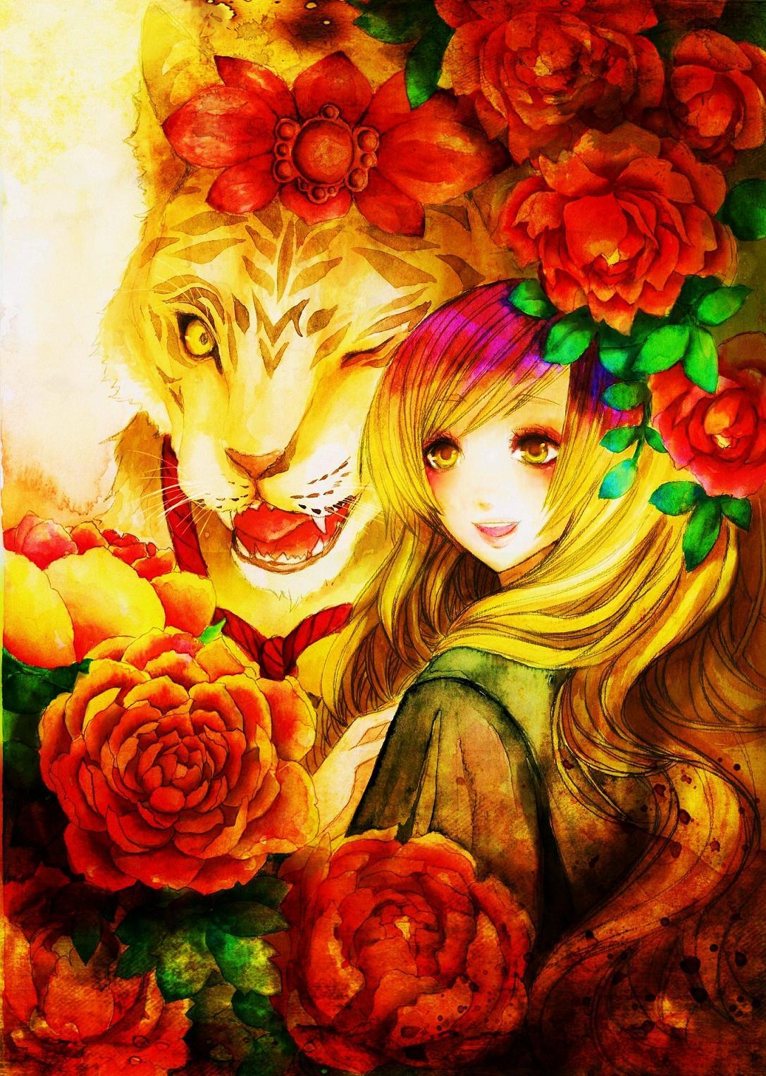 flower, gradient_hair, graphite_(medium), hair_ornament, highres, hijiri_byakuren, kido5899, long_hair, mixed_media, multicolored_hair, rose, smile, tiger, toramaru_shou, toramaru_shou_(tiger), touhou, traditional_media, watercolor_(medium), yellow_eyes