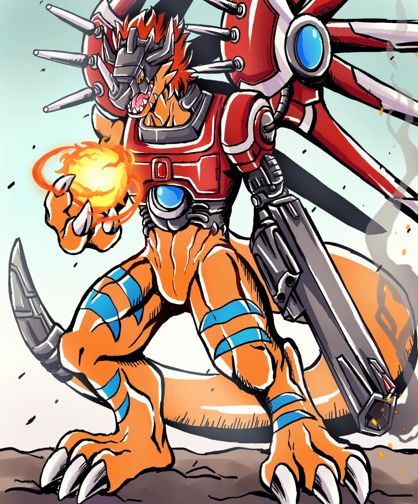 arm_cannon, commentary_request, cyborg, digimon, digimon_(creature), dinosaur, fire, full_body, gun, helmet, highres, horns, huhunuo111, mechanical_arms, mechanical_wings, red_hair, revolver, rizegreymon, short_hair, single_mechanical_arm, solo, standing, weapon, wings, yellow_eyes