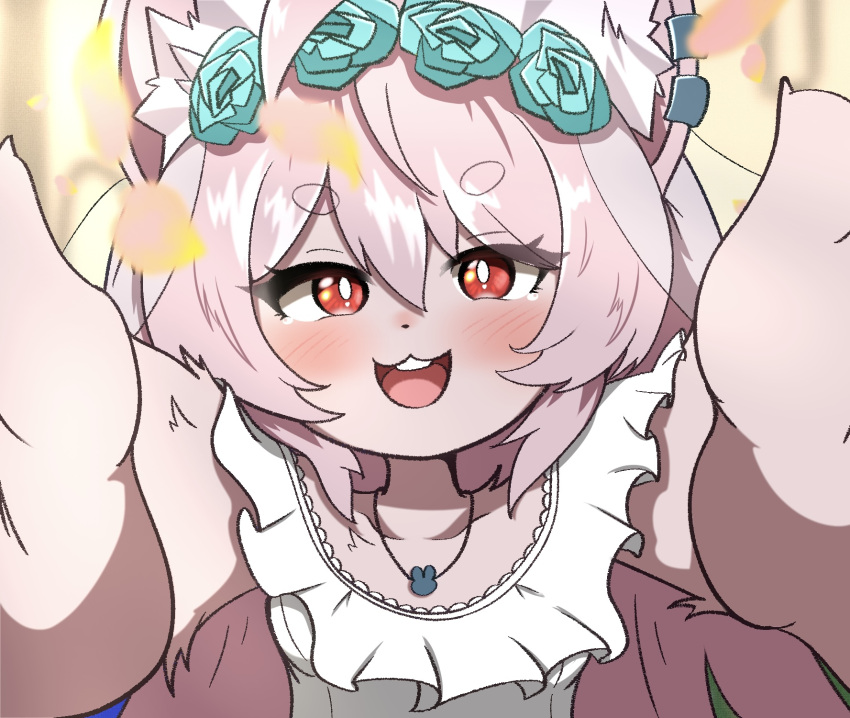 1girl, ahoge, animal_ear_fluff, animal_ear_piercing, animal_ears, blush, bright_pupils, commentary_request