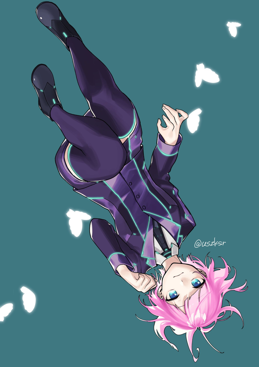 1girl, absurdres, blue_eyes, bug, butterfly, commentary_request, highres, nijisanji, pink_hair, short_hair, solo, thigh-highs, twitter_username, upside-down, usasaki_shiro, usazaki_shiro, virtual_youtuber, yuuhi_riri
