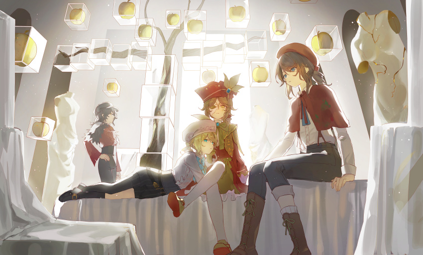 4boys, absurdres, androgynous, apple, ascot, asymmetrical_legwear, backlighting, beret