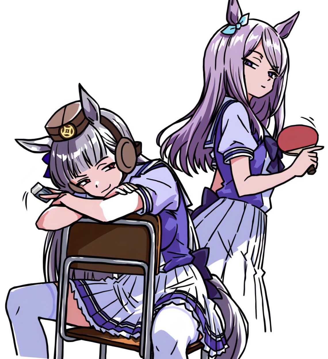 2girls, animal_ears, aqua_bow, blunt_bangs, bow, bowtie, breasts, brown_hat, chair, chime!, closed_mouth, ear_bow, ear_ribbon, eraser, gold_ship_(umamusume), grey_hair, hashtag-only_commentary, hat, highres, holding_table_tennis_paddle, horse_ears, horse_girl, horse_tail, large_breasts, long_hair, mejiro_mcqueen_(umamusume), multiple_girls, on_chair, pillbox_hat, pleated_skirt, puffy_short_sleeves, puffy_sleeves, purple_bow, purple_bowtie, purple_hair, purple_shirt, sailor_collar, sailor_shirt, school_uniform, shirt, short_sleeves, sitting, sitting_backwards, skirt, smile, tail, thigh-highs, tracen_school_uniform, umamusume, violet_eyes, white_sailor_collar, white_skirt, white_thighhighs