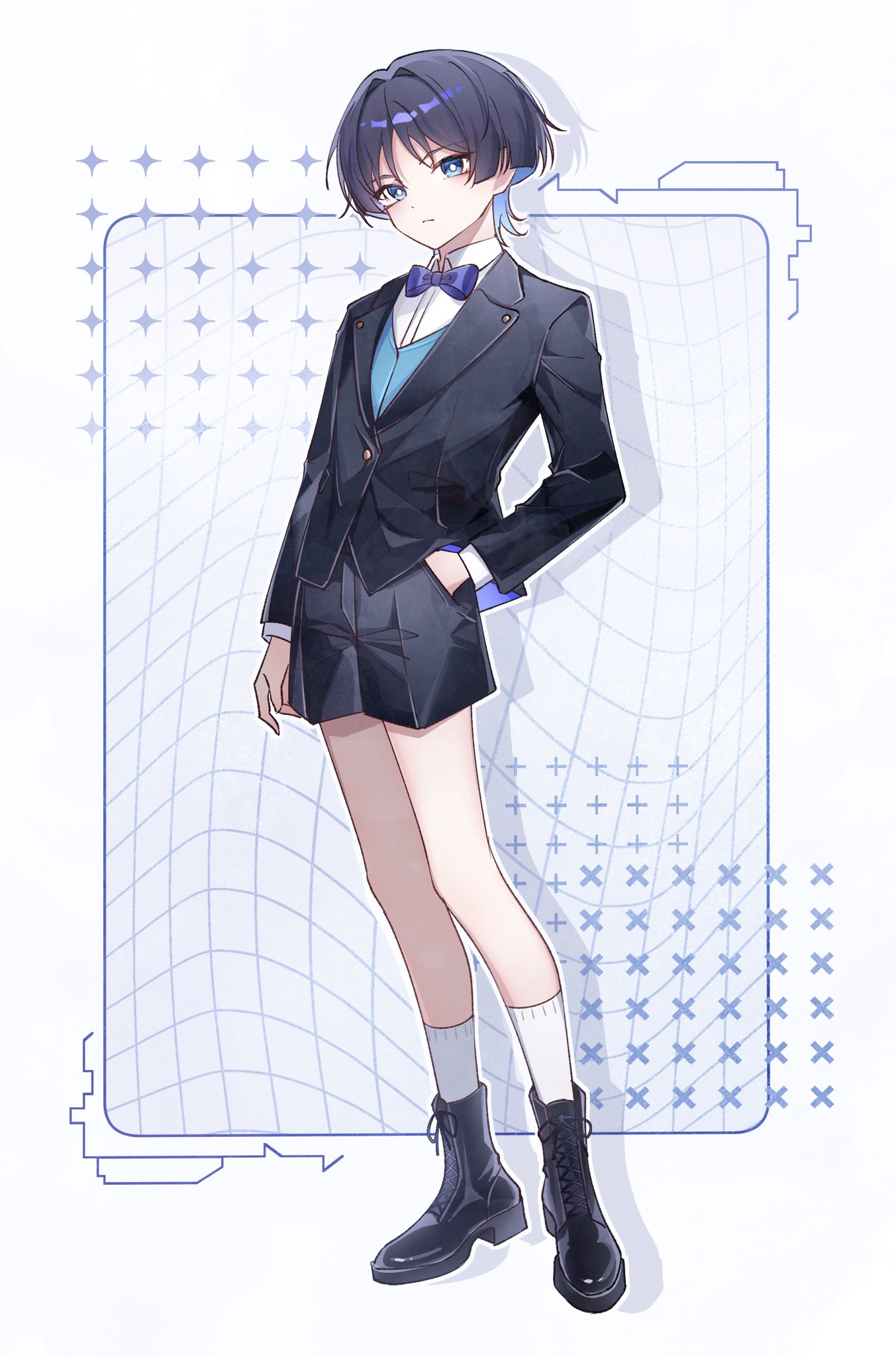1boy, alternate_costume, arms_at_sides, black_boots, black_hair, black_jacket, black_shorts, black_sleeves