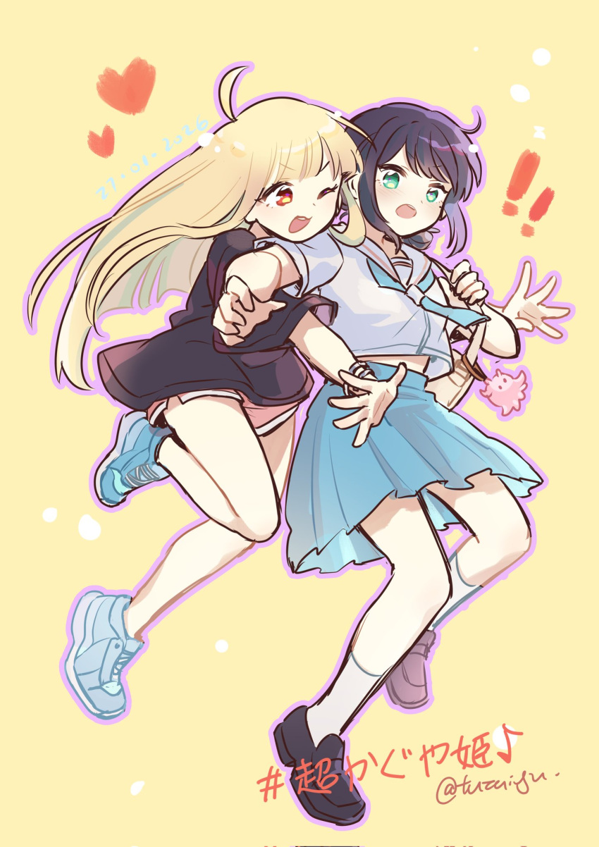 2girls, ahoge, black_shirt, black_shoes, blonde_hair, blue_neckerchief, blue_skirt, bracelet