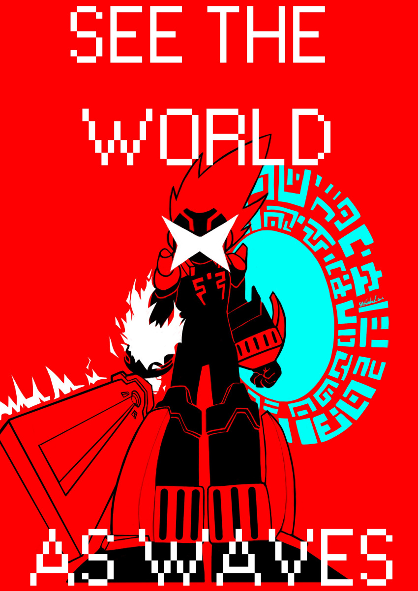 absurdres, armor, black_bodysuit, bodysuit, commentary, commentary_request, covered_eyes, energy, english_text, glowing, glowing_fist, glowing_hand, glowing_hands, highres, holding, holding_sword, holding_weapon, male_focus, mega_man_(series), mega_man_star_force_(series), red_background, red_theme, rogue_(mega_man), solo_(mega_man), spiky_hair, sword, un_of_unmetal, weapon, weapon_energy