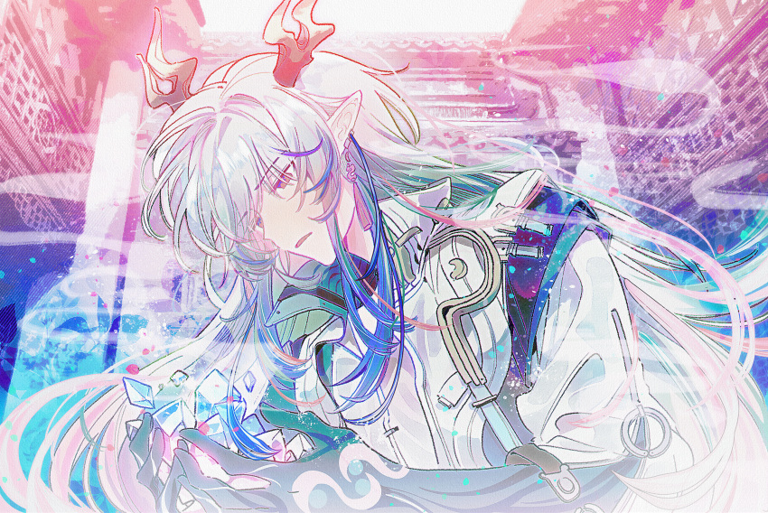 1boy, architecture, arknights, blue_hair, blue_streaks, chinese_commentary, colored_extremities, crystal