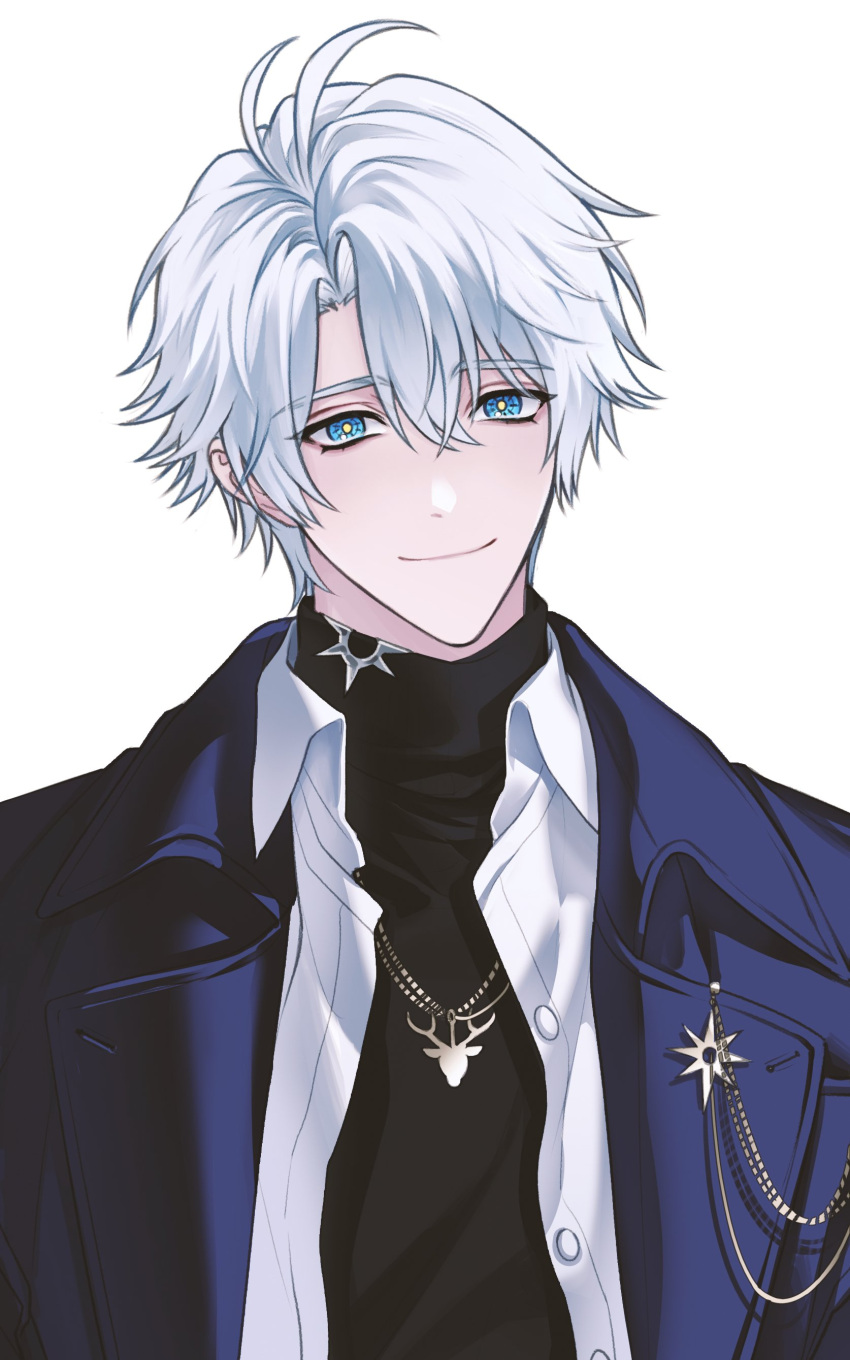 1boy, absurdres, antenna_hair, black_sweater, blue_coat, blue_eyes, coat, collared_shirt, commentary, highres, honkai:_star_rail, honkai_(series), kiru_d_raw, looking_at_viewer, male_focus, official_alternate_costume, open_clothes, open_coat, open_shirt, parted_bangs, phainon_(honkai:_star_rail), phainon_(luckin_coffee)_(honkai:_star_rail), shirt, short_hair, simple_background, solo, sweater, symbol-only_commentary, turtleneck, turtleneck_sweater, white_background, white_hair, white_shirt