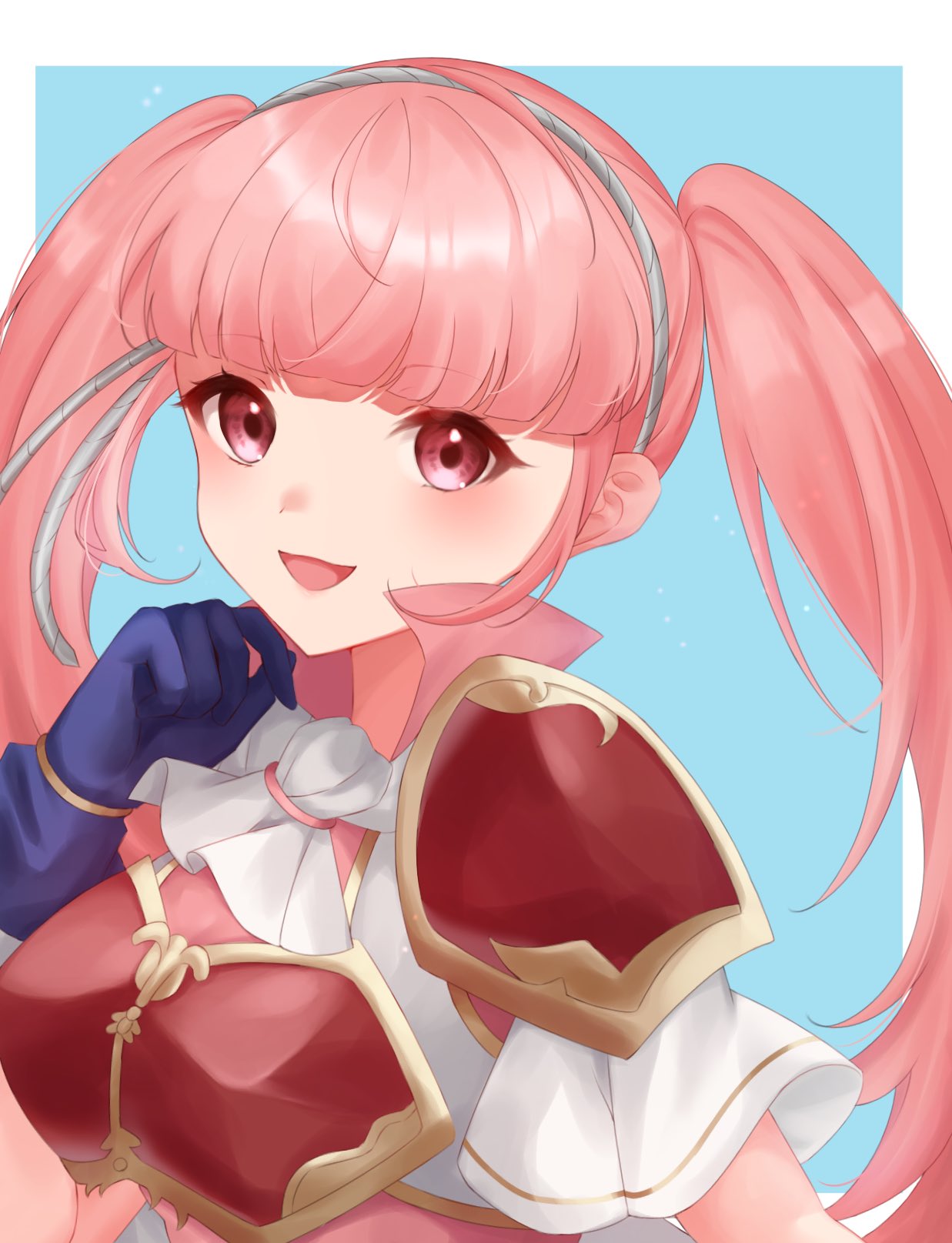 1girl, armor, blue_gloves, blush, breastplate, breasts, commentary_request, dress