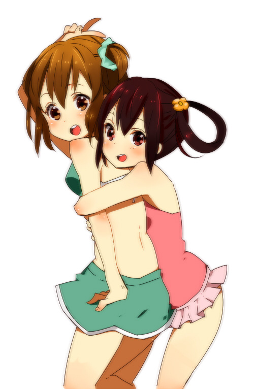 black_hair, brown_eyes, brown_hair, casual_one-piece_swimsuit, hirasawa_yui, hug, hug_from_behind, k-on!