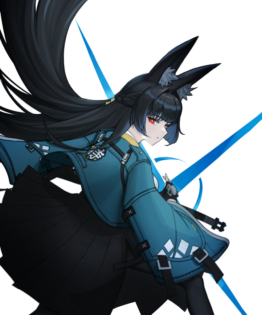 1girl, absurdres, animal_ear_fluff, animal_ears, black_hair, black_skirt, blue_jacket, closed_mouth, commentary, db_(geuze), fox_ears, fox_girl, highres, holding, holding_sword, holding_weapon, hoshimi_miyabi, jacket, looking_at_viewer, pleated_skirt, red_eyes, skirt, solo, sword, weapon, zenless_zone_zero