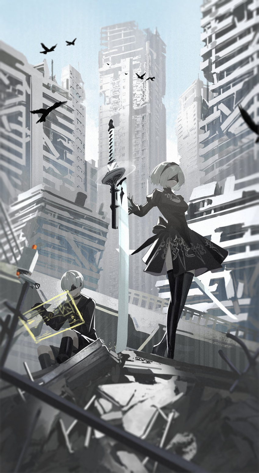 1boy, 1girl, 2b_(nier:automata), 9s_(nier:automata), black_boots, black_dress, black_hairband, black_jacket
