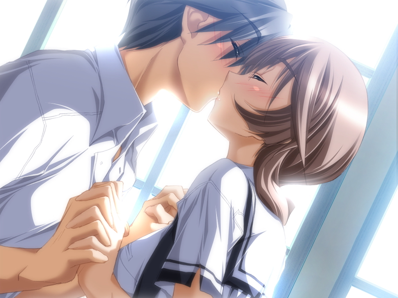 artist_request, black_hair, blush, brown_hair, character_request, closed_eyes, couple, dutch_angle