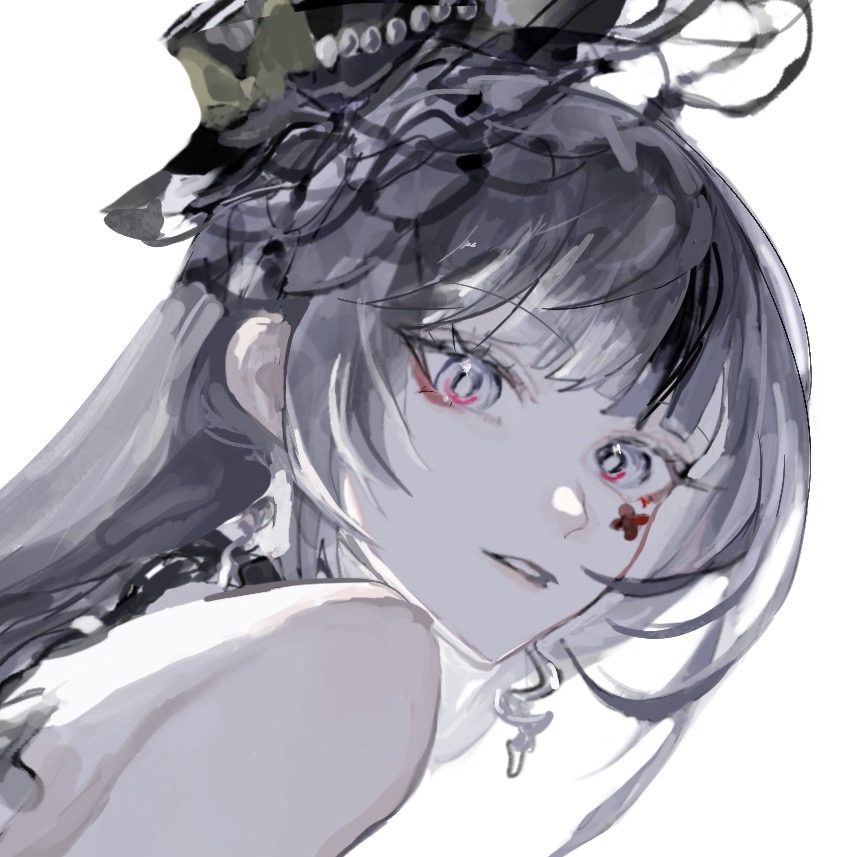 1girl, bare_shoulders, black_hat, earrings, eyeliner, fascinator, from_behind, grey_eyes