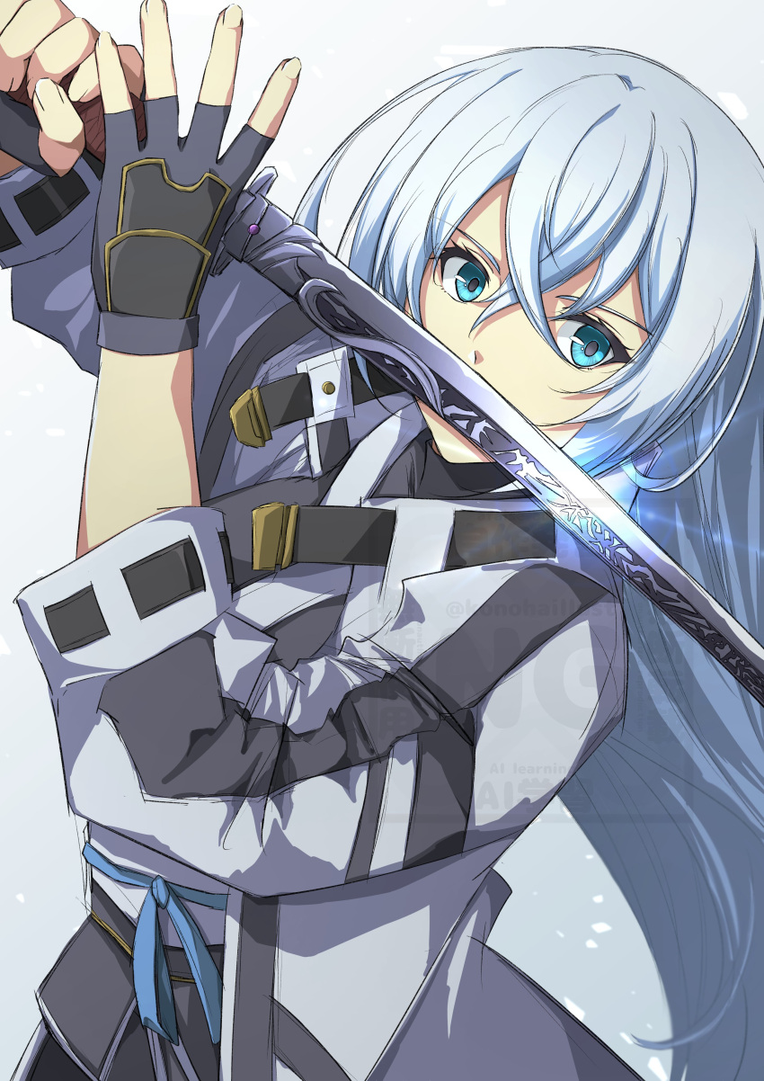 1girl, absurdres, black_gloves, blue_eyes, coat, commentary_request, double-parted_bangs, eiyuu_densetsu