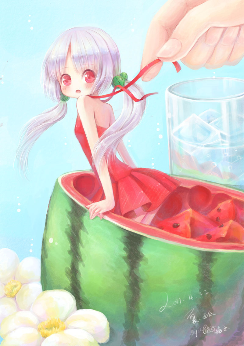 copyright_request, dress, fingers, flower, food, food_themed_clothes, fruit, girl_in_food