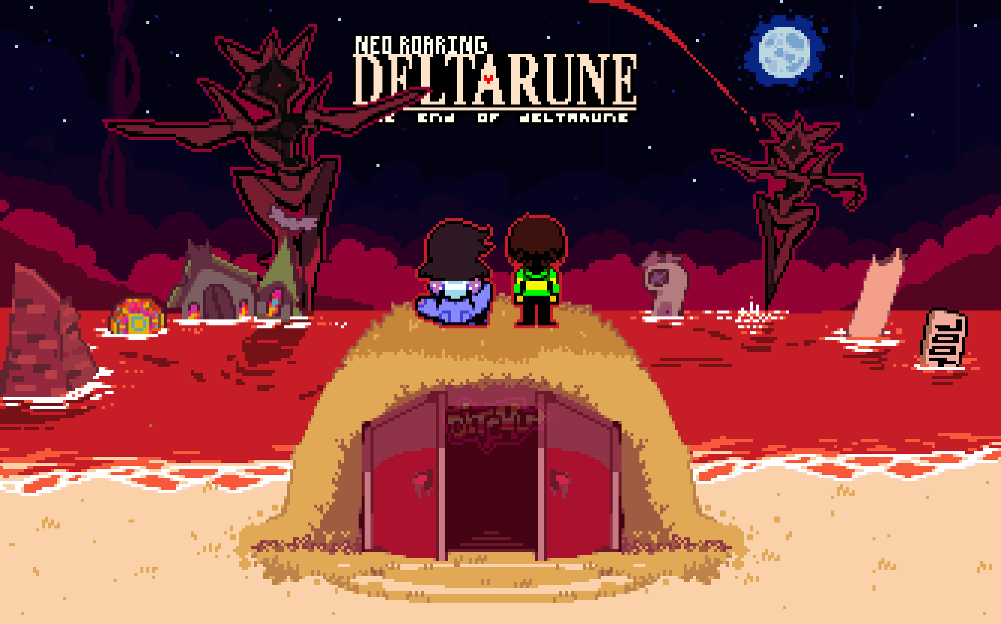 1girl, 1other, absurdres, black_pants, body_freckles, brown_hair, building, bunker, church, colored_skin, commentary, dead_grass, deltarune, denim, dinosaur_girl, ditchu, english_commentary, english_text, freckles, from_behind, full_moon, furry, furry_female, highres, hood, hood_down, hoodie, horns, house, jeans, kris_(deltarune), medium_hair, moon, neon_genesis_evangelion, night, one-eyed, open_door, orange_water, outline, pants, pixel_art, purple_skin, red_outline, short_hair, shoulder_freckles, sitting, spoilers, stained_glass, standing, star_(sky), striped_clothes, striped_hoodie, susie_(deltarune), t-pose, tank_top, the_end_of_evangelion, titan_(deltarune), torn_clothes, torn_jeans, torn_pants, tree, utdr_(toby_fox), white_tank_top, yellow_skin