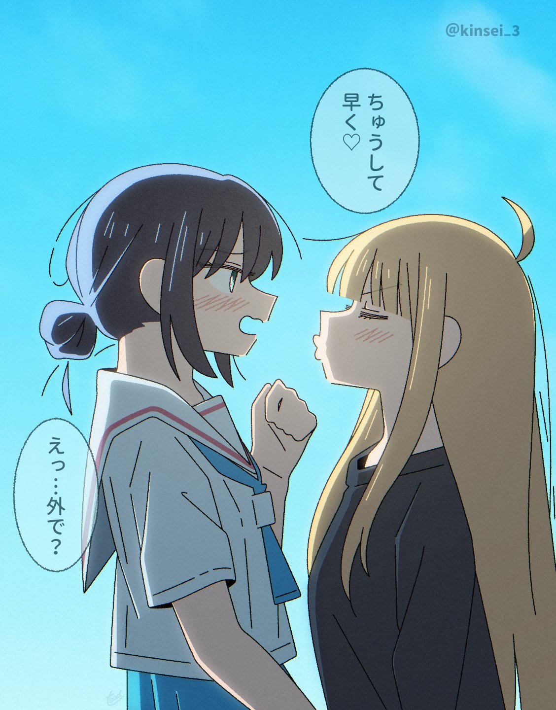 2girls, ahoge, black_shirt, blonde_hair, blue_eyes, blue_neckerchief, blue_sky, blush