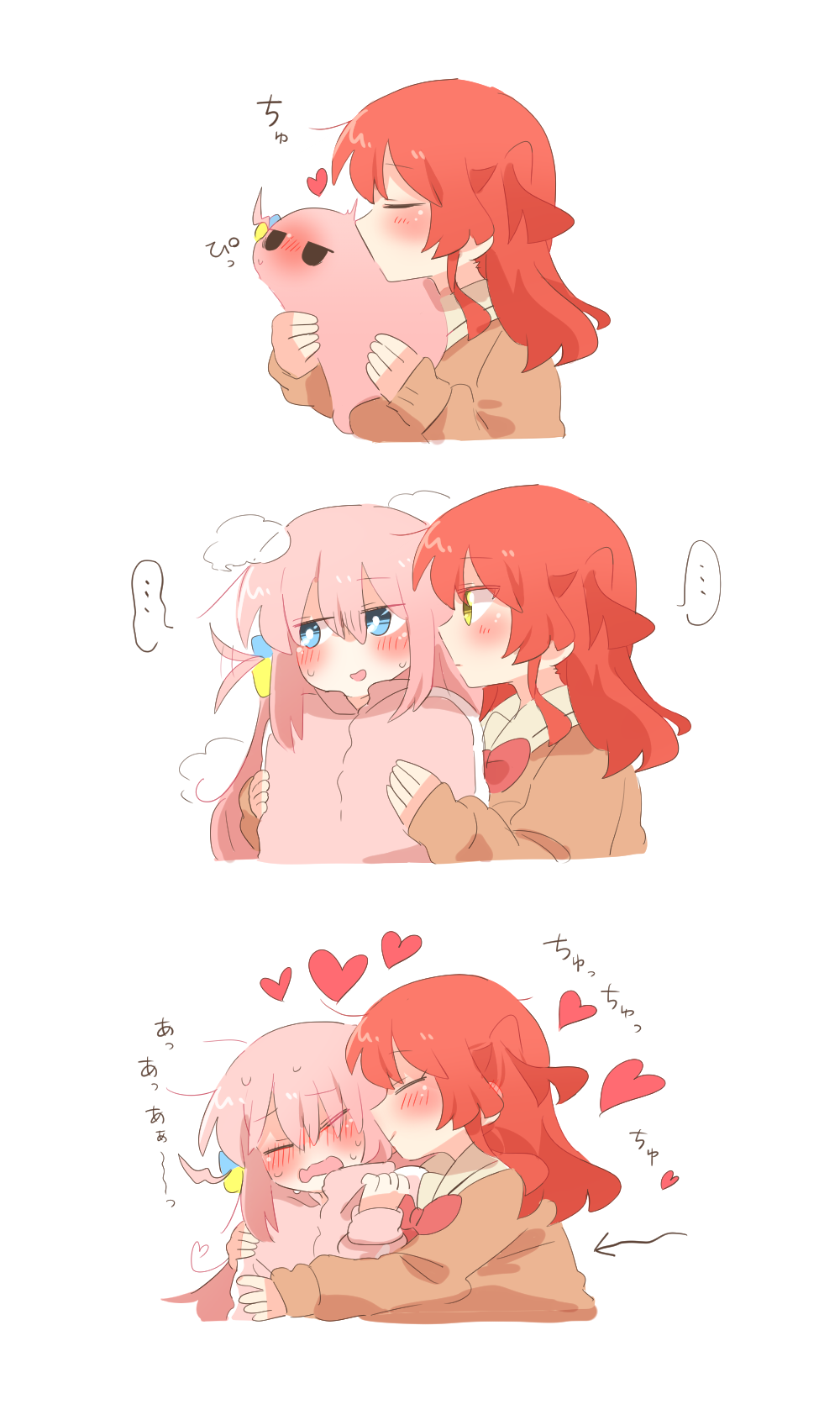 2girls, averting_eyes, blue_eyes, blush, bocchi_the_rock!, bow, bowtie, brown_shirt