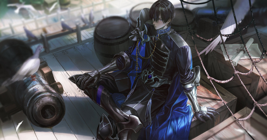 1boy, :|, aiguillette, arm_support, armor, armored_boots, barrel, belt