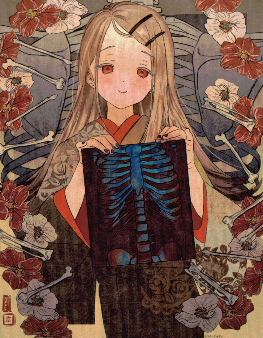 1girl, black_nails, blonde_hair, colored_eyelashes, ear_piercing, flower, gakuen_idolmaster, hair_ornament