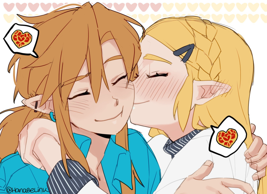1boy, 1girl, arm_on_another's_shoulder, blonde_hair, blue_shirt, blush, braid, closed_eyes