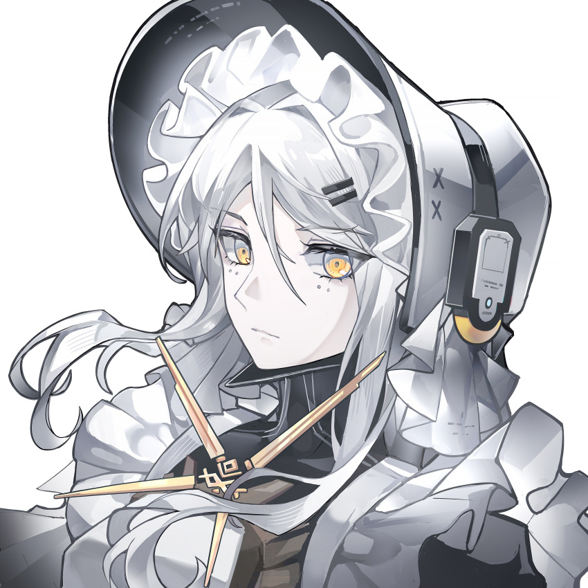 1girl, absurdres, apron, bonnet, chinese_commentary, commentary, expressionless, facial_mark