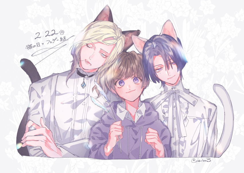 >:), 3boys, :3, animal_ears, black_choker, blonde_hair, blue_eyes, blue_gem