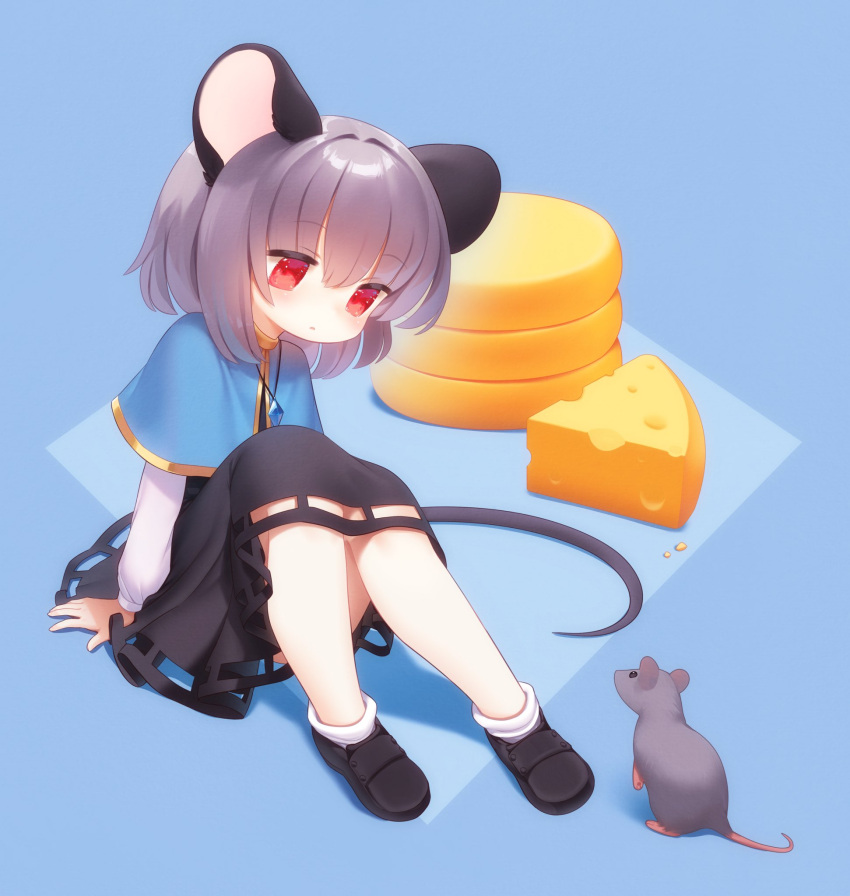 1girl, animal, arms_at_sides, black_dress, black_shoes, black_tail, blue_background, blue_capelet, blue_gem, bob_cut, capelet, cheese, cheese_wheel, closed_mouth, commentary, dot_mouth, dress, eye_contact, food, gem, gold_trim, grey_hair, highres, jewelry, jitome, knees_together_feet_apart, knees_up, long_sleeves, looking_at_animal, looking_at_another, mouse_(animal), mouse_girl, necklace, original, pendant, petite, pleated_dress, protodesu, rearing, red_eyes, shirt, shoes, sitting, socks, socks_rolled_down, solo, symbol-only_commentary, white_sleeves, white_socks