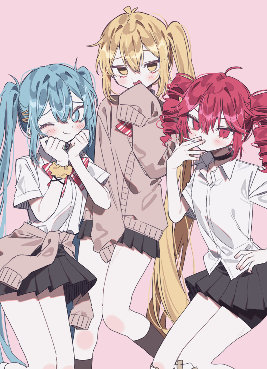 3girls, akita_neru, black_skirt, blonde_hair, blue_eyes, blue_hair, cardigan, choker