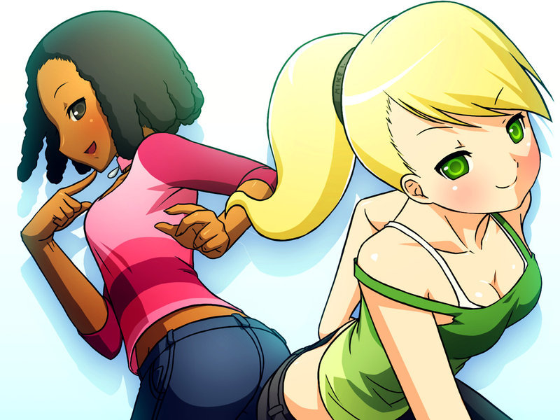 2000s_(style), animification, blonde_hair, brown_hair, cindy_vortex, closed_mouth, collared_shirt, dark-skinned_female, dark_skin, dreadlocks, idreamofjimmy, jimmy_neutron_(series), libby_folfax, looking_at_viewer, multiple_girls, open_mouth, ponytail, shirt, short_hair, sleeveless, smile