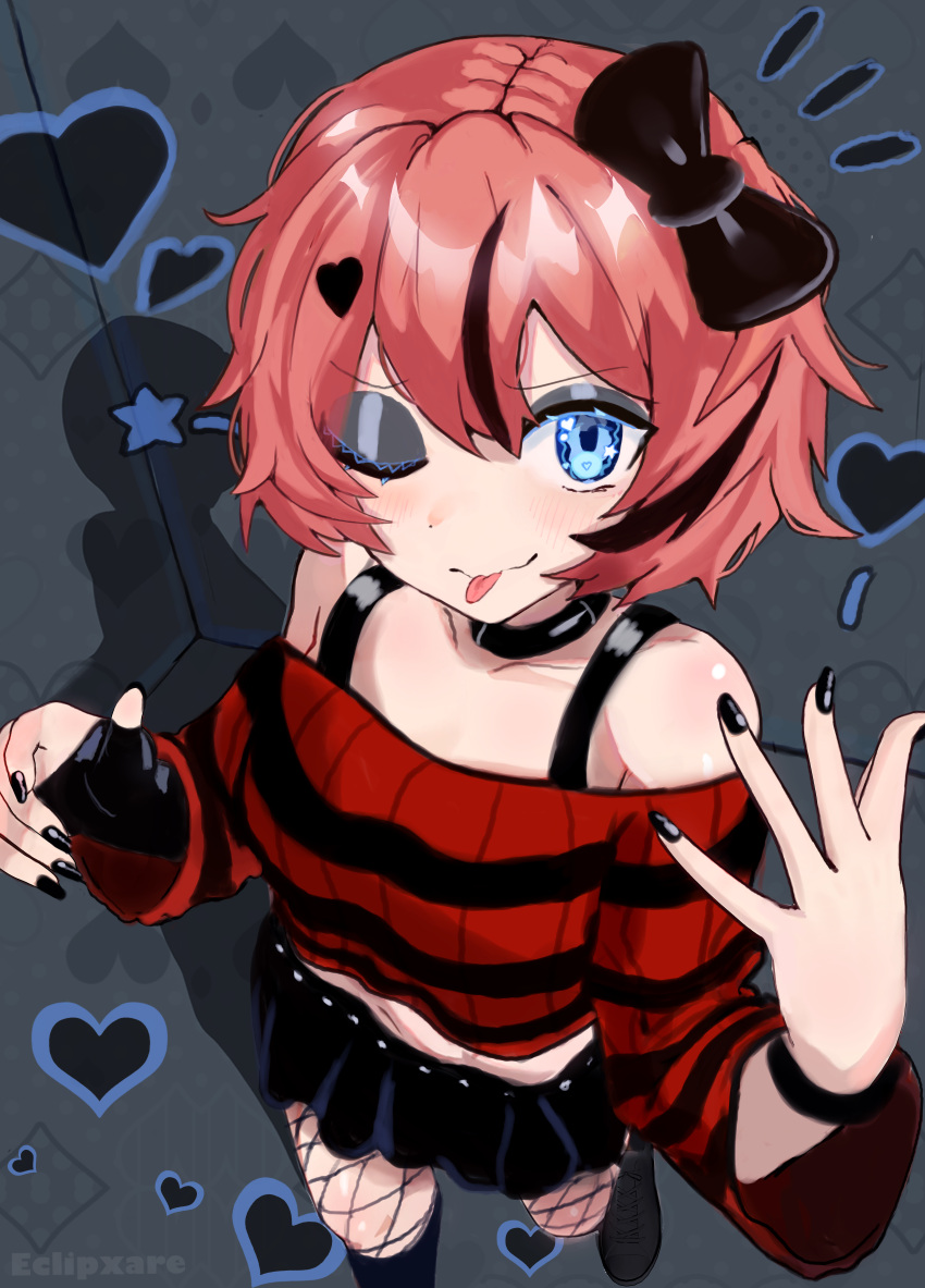 1girl, :p, absurdres, artist_name, bare_shoulders, belt, black_belt, black_bow