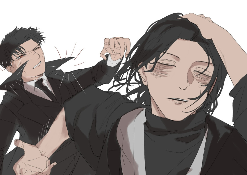 2boys, adjusting_hair, black_coat, black_hair, black_haori, closed_eyes, coat, commentary