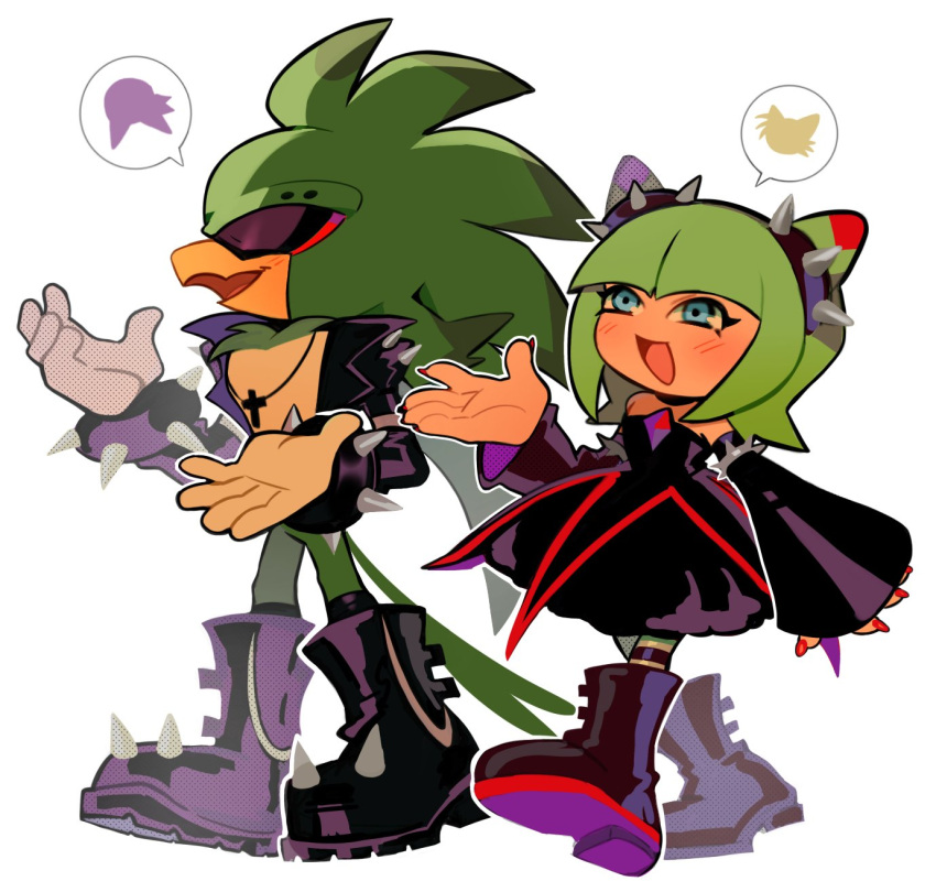 1boy, 1girl, :d, alternate_costume, beak, bird_boy, bird_tail, black_boots