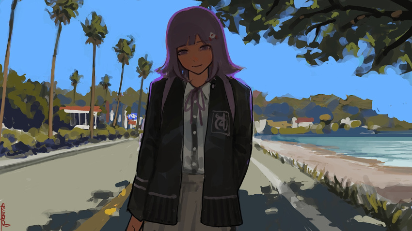 1girl, arm_at_side, arm_behind_back, beach, black_cardigan, blue_sky, cardigan, commentary_request