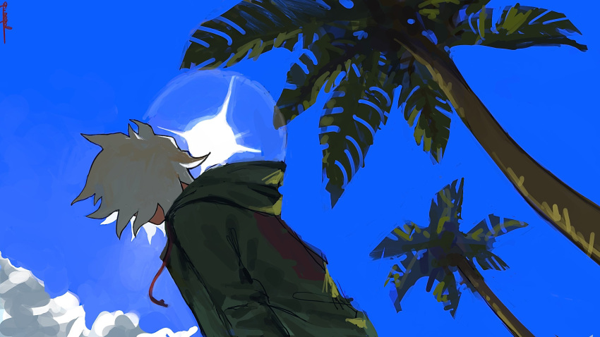 1boy, arms_at_sides, blue_sky, clouds, commentary_request, covered_face, danganronpa_(series), danganronpa_2:_goodbye_despair