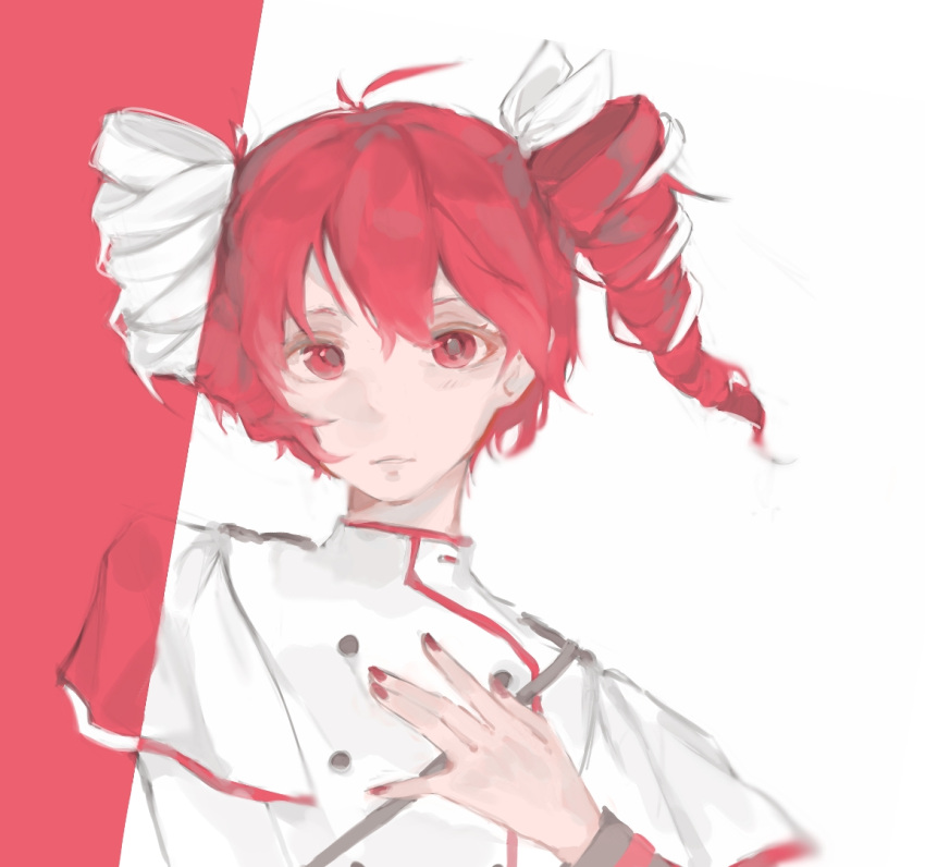 1girl, ahoge, buttons, commentary_request, double-breasted, drill_hair, hair_ribbon, hand_on_own_chest, inverted_colors, kasane_teto, kasane_teto_(sv), laari_000, nail_polish, parted_lips, red_eyes, red_hair, red_nails, ribbon, shirt, short_hair, simple_background, solo, split_screen, synthesizer_v, twin_drills, twintails, white_background, white_ribbon, white_shirt