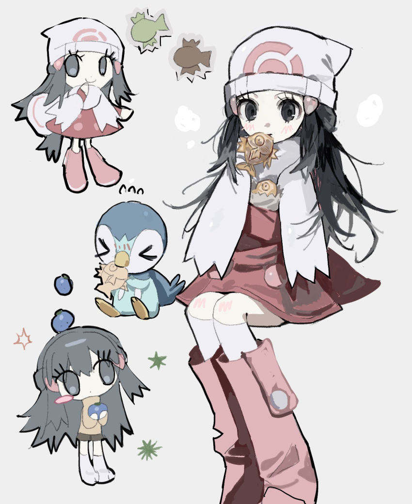 >_<, bird, black_eyes, black_hair, blush_stickers, boots, character-themed_food, chibi